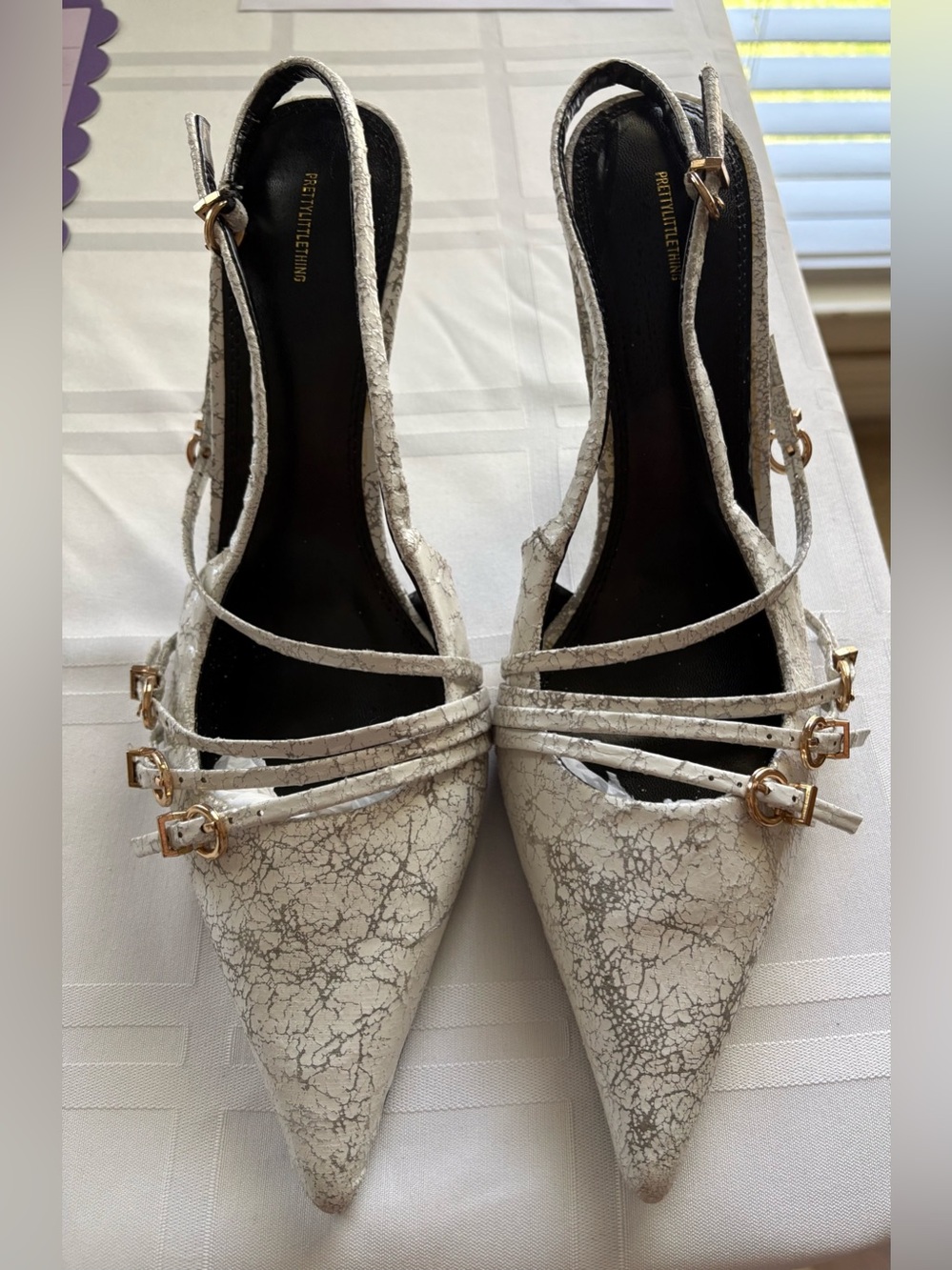 White Cracked Pu Point Toe Multi Buckle Low Heeled Size 8